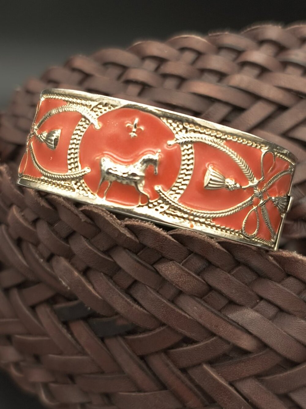 Vintage Orange Enamel Horse Gold Tone Hinged Bracelet